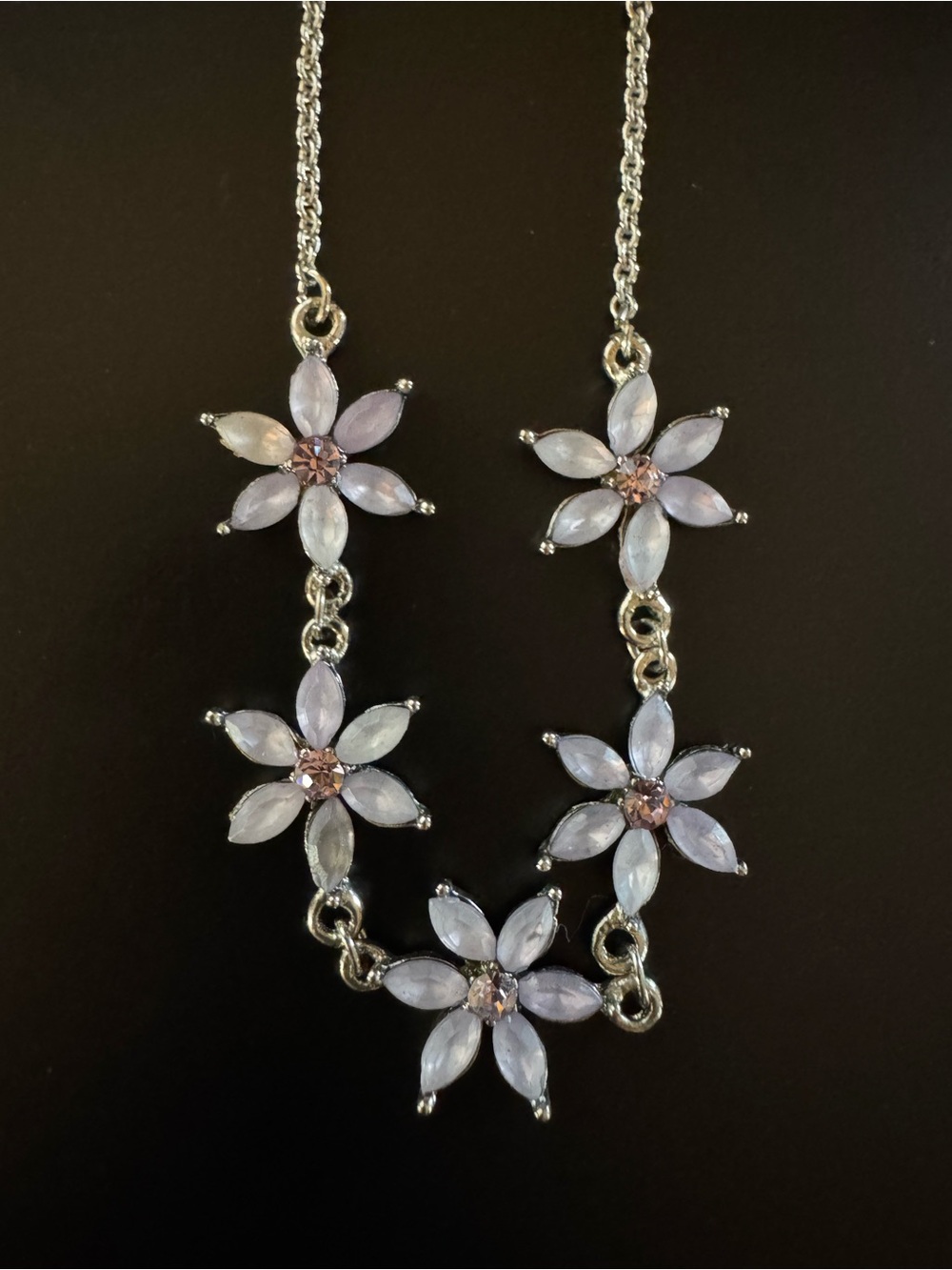 Vintage Lavender Pink Rhinestone Flower Necklace Silver Tone - 15”